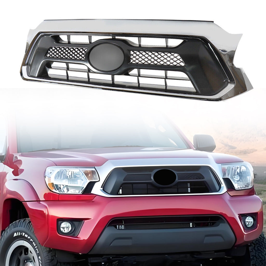 Front Bumper Grill Fit For 2012 2013 2014 2015 Toyota Tacoma Heat Corrosion Impact Resistant Waterproof Plastic Chrome Shell with Painted Black Insert