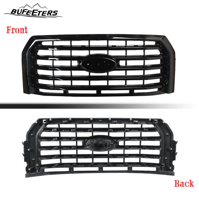 BUFEETERS  Front Bumper Upper Grille Fit For 2015 2016 2017 Ford F150,Horizontal Billet Style,Gloss Black