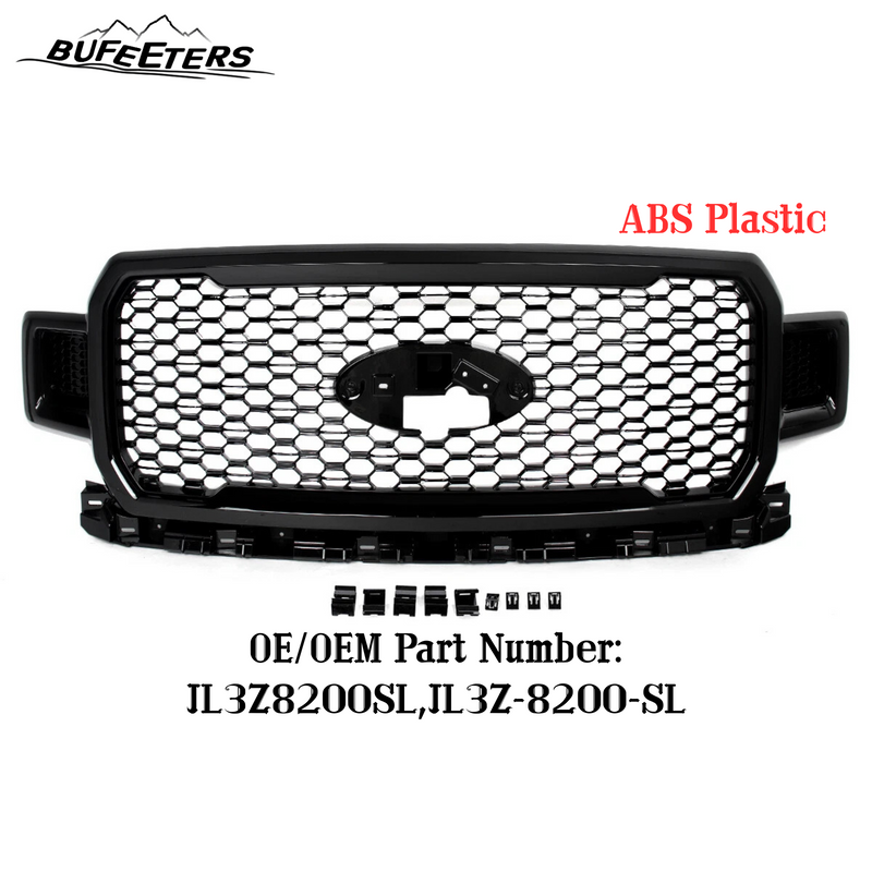 BUFEETERS  Front Upper Grille Grill Assembly Fit For 2018 2019 2020 Ford F-150,Honeycomb Style,Gloss Black