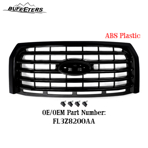BUFEETERS  Front Bumper Upper Grille Fit For 2015 2016 2017 Ford F150,Horizontal Billet Style,Gloss Black