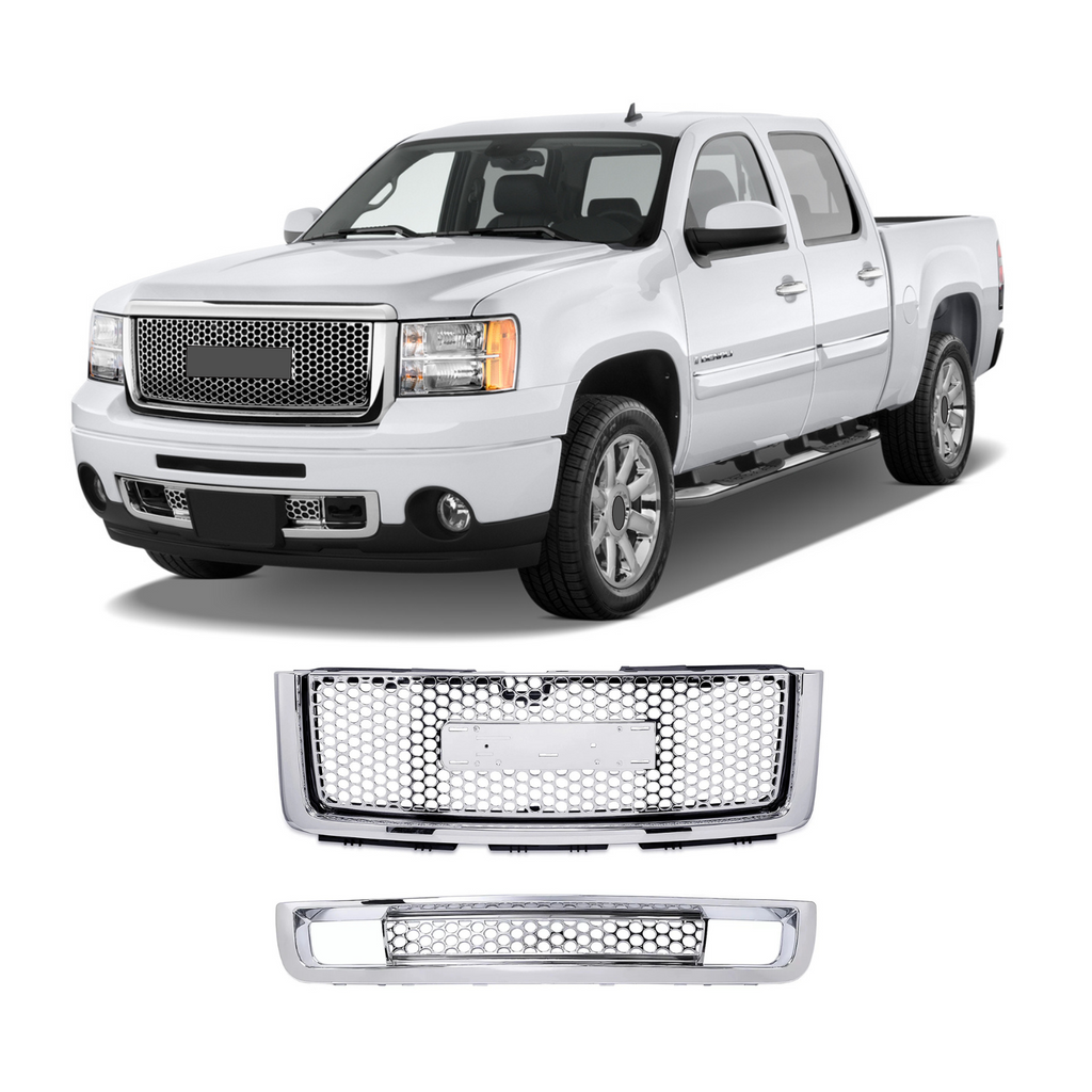 BUFEETERS  Front Bumper Upper & Lower Grille Fit For 2007 2008 2009 2010 2011 2012 2013 GMC Sierra 1500,New Body Style,Chrome&Silver