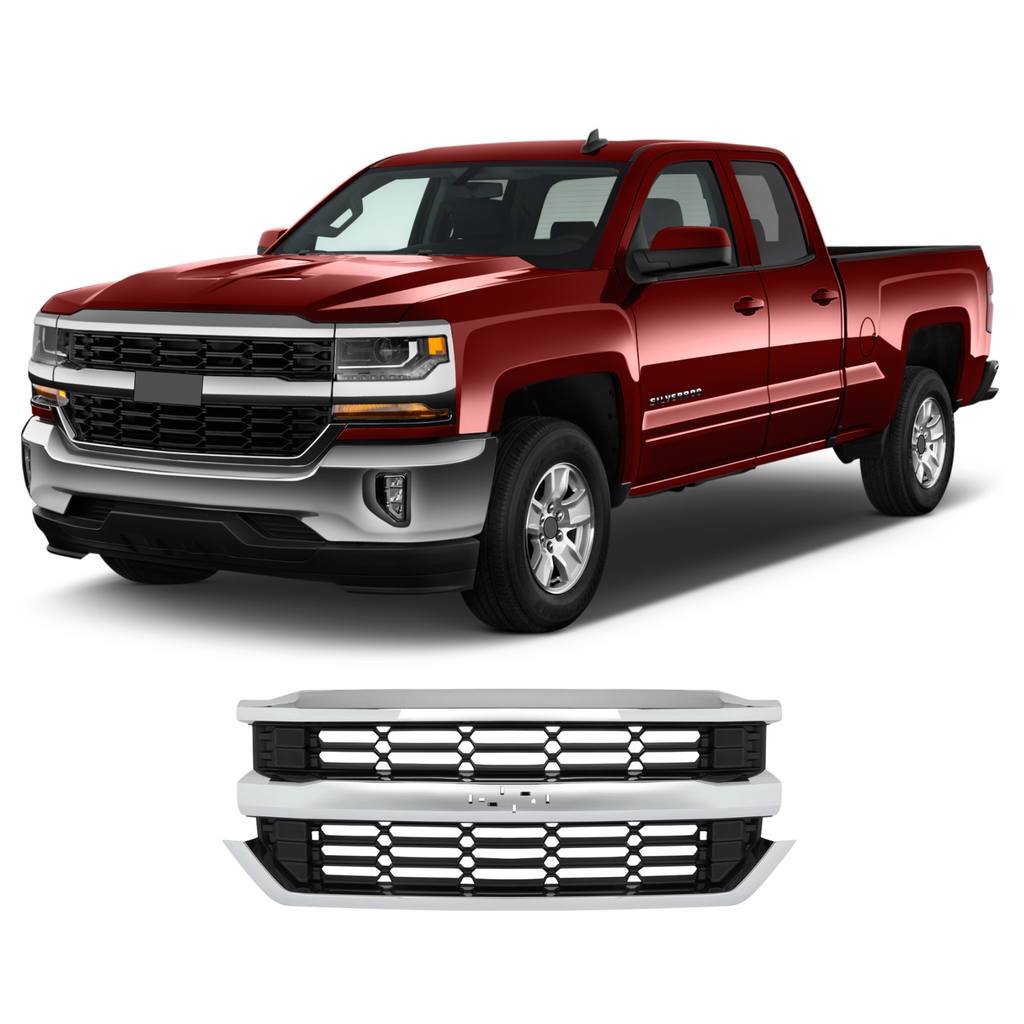 BUFEETERS Front Bumper Upper Grille Fit For 2016 2017 2018 2019 Chevrolet Silverado 1500,Honeycomb Style,Chrome&Black