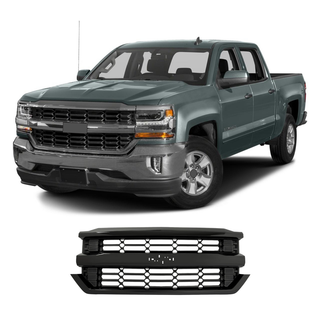 BUFEETERS  Front Bumper Upper Grille Fit For 2016 2017 2018 2019 Chevy Silverado 1500,Honeycomb Style,Gloss Black