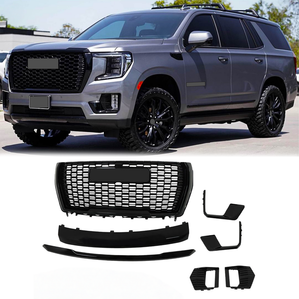 BUFEETERS Front Grille Grill Hood Trim Molding Set Fit For 2021 2022 2023 GMC Yukon/XL Denali,Factory Style,Gloss Black