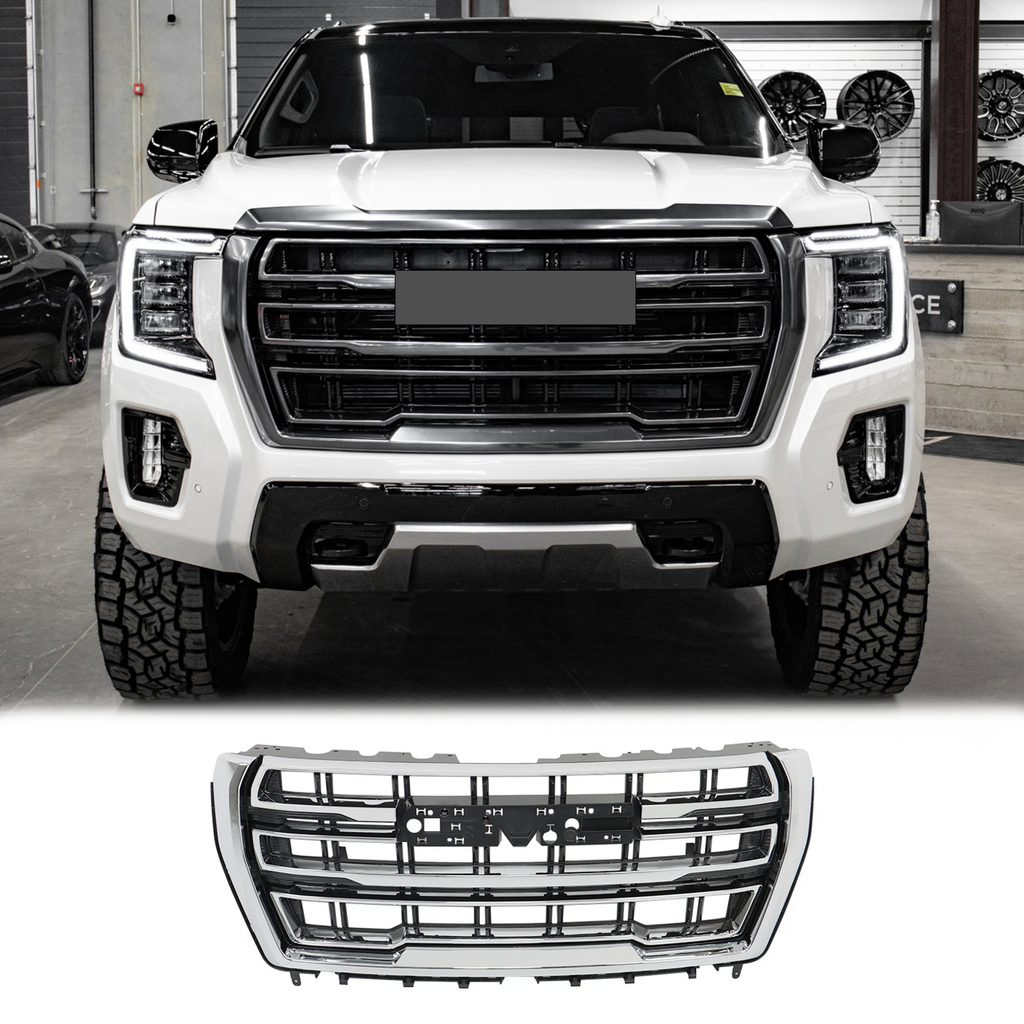 BUFEETERS Front Bumper Upper Grille Fit For 2021 2022 2023 GMC Yukon/Yukon XL SLT AT4,Mesh Style,Chrome&Silver