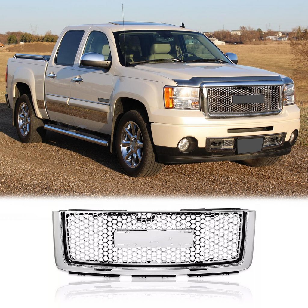 BUFEETERS  Front Bumper Upper Grille Fit For 2007 2008 2009 2010 2011 2012 2013 GMC Sierra 1500 Denali Hybrid,Honeycomb Style,Chrome&Silver