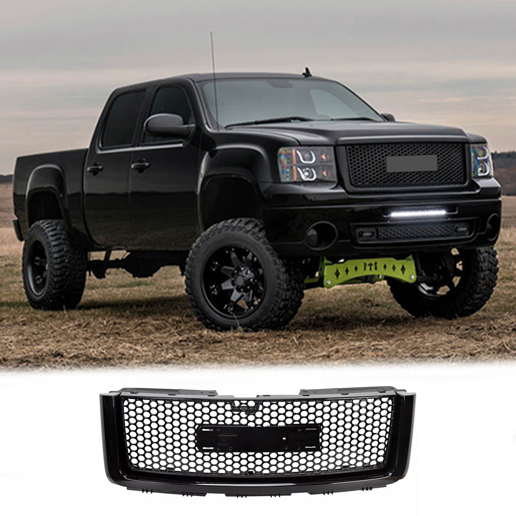 BUFEETERS Front Bumper Upper Grille Fit For 2007 2008 2009 2010 2011 2012 2013 GMC Sierra 1500,Denali Style,Gloss Black