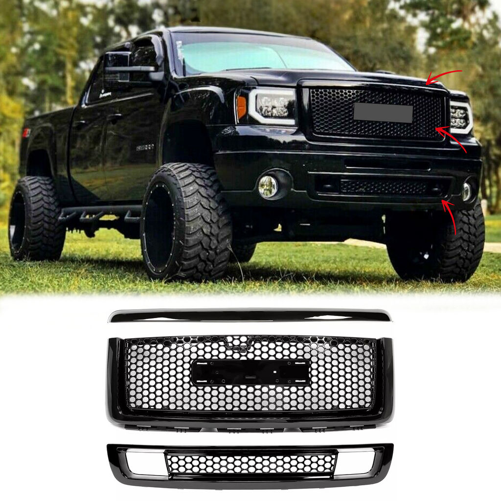 BUFEETERS   Front Upper Lower Grille Hood Molding Fit For 2007 2008 2009 2010 2011 2012 2013 GMC Sierra 1500 Denali,Honeycomb Style,Gloss Black