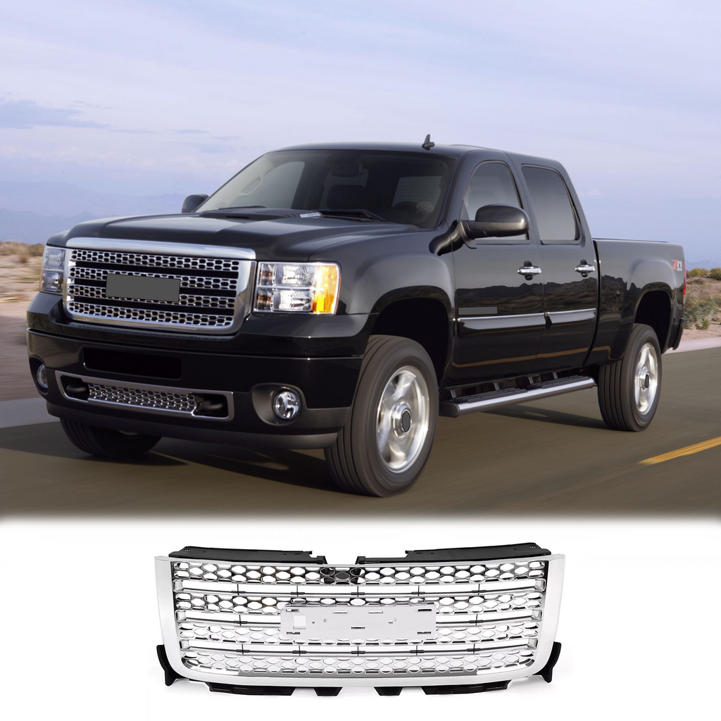 BUFEETERS Front Bumper Upper Chrome Grille Fit For 2011 2012 2013 2014 GMC Sierra 2500 HD Sierra 3500 HD,Honeycomb Style,Chrome&Silver