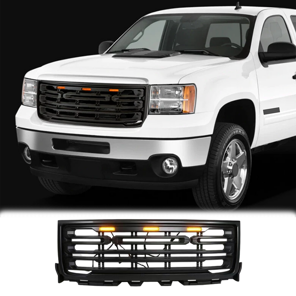 BUFEETERS Front Bumper Upper Grille W/ LED Light Fit For 2011 2012 2013 2014 GMC Sierra 2500HD 3500HD,Mesh Style,Matte Black