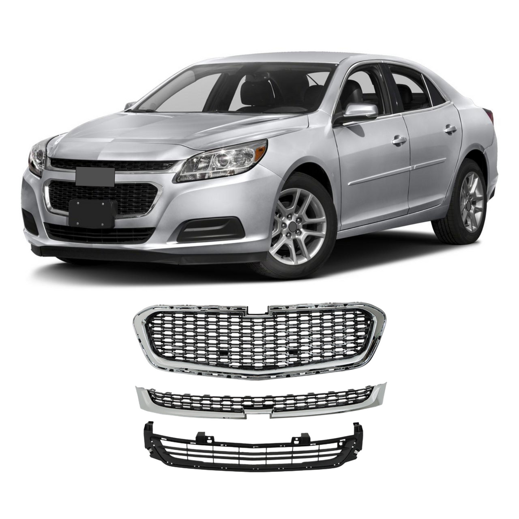 BUFEETERS  3pcs Front Upper Center Lower Grille Grill Set Fit For 2014 2015 2016 Chevrolet Malibu,Factory Style,Chrome&Black