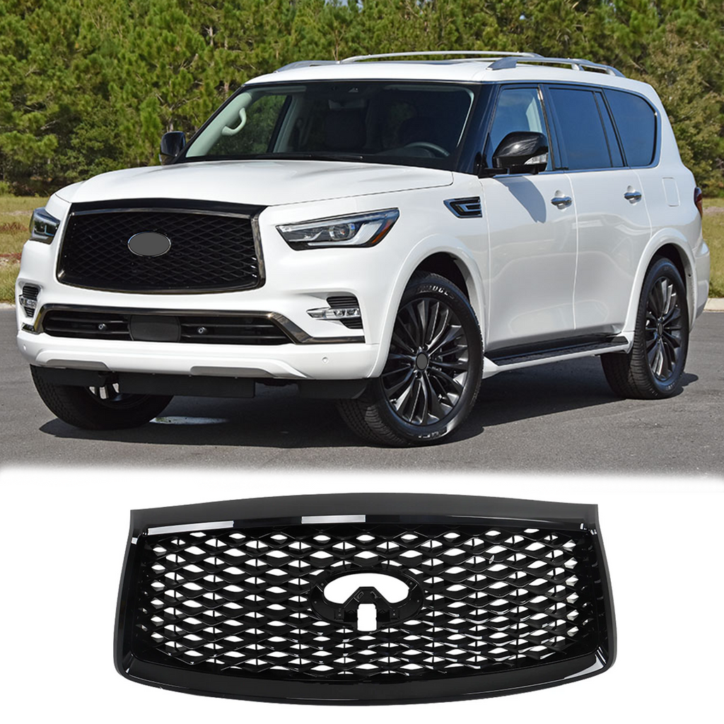 BUFEETERS  Front Upper Grille  W/ Camera Hole Fit For 2018 2019 2020 2021 INFINITI QX80,Mesh Style,Gloss Black
