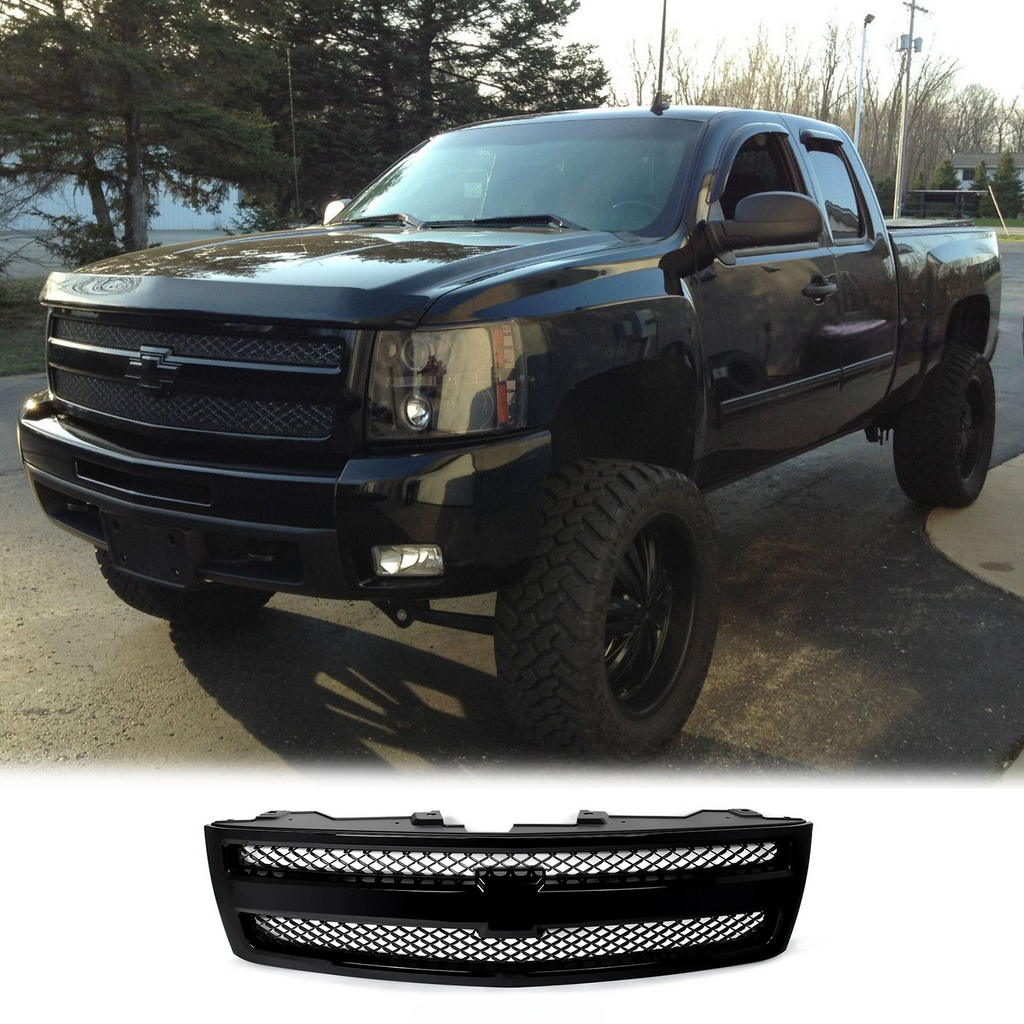 BUFEETERS Front Upper Grille Fit For 2007 2008 2009 2010 2011 2012 2013 Chevrolet Silverado 1500,Mesh insert Style,Gloss Black Shell w/ Black Insert