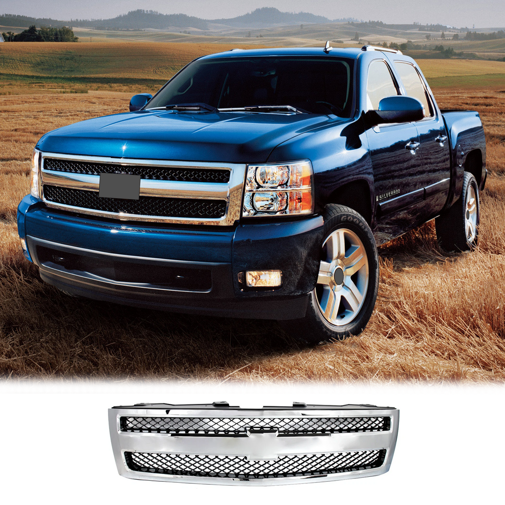 BUFEETERS Front Upper Grille Fit For 2007 2008 2009 2010 2011 2012 2013 Chevrolet Silverado 1500,Mesh insert Style,Chrome&Black