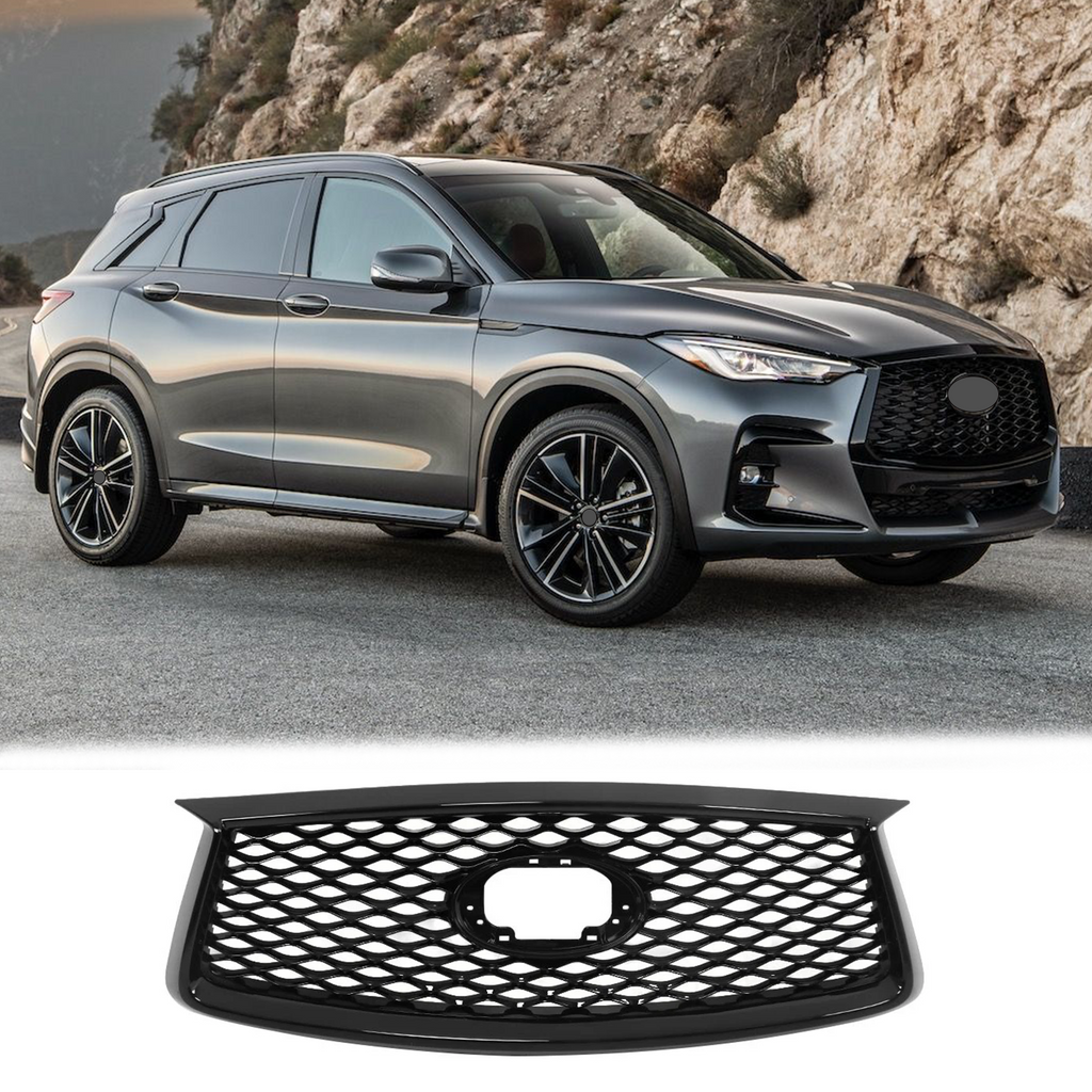 BUFEETERS  Front Upper Grille W/Camera Hole Fit For 2019 2020 2021 2022 2023 INFINITI QX50,Gloss Black