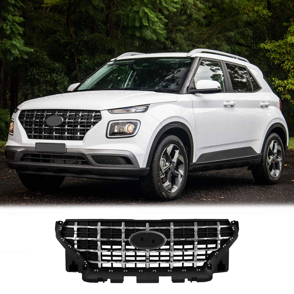 BUFEETERS  Front Bumper Upper Radiator Grille W/Chrome Trim Fit For 2020 2021 2022 2023 Hyundai Venue,Factory Style,Chrome&Black