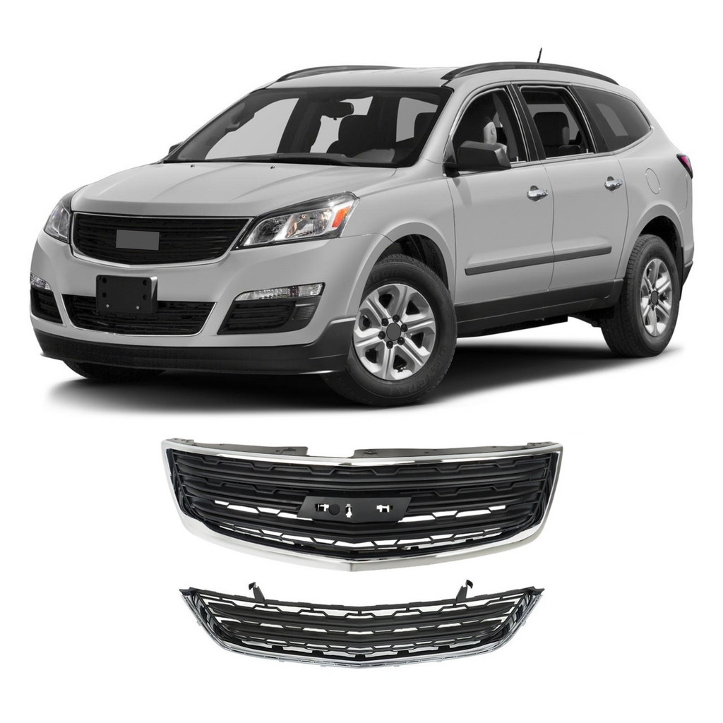 BUFEETERS  Front Bumper Upper + Lower Grille W/Chrome Molding Fit For 2013 2014 2015 2016 2017 Chevy Chevrolet Traverse,Factory Style,Chrome&Black