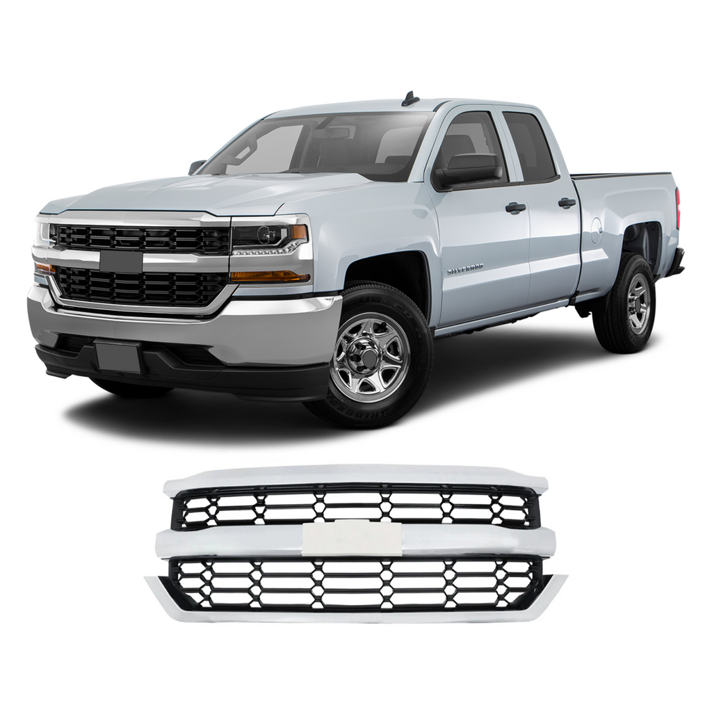 BUFEETERS Front Bumper Upper Grille Fit For 2016 2017 2018 2019 Chevrolet Silverado 1500,Honeycomb Style,Chrome&Black