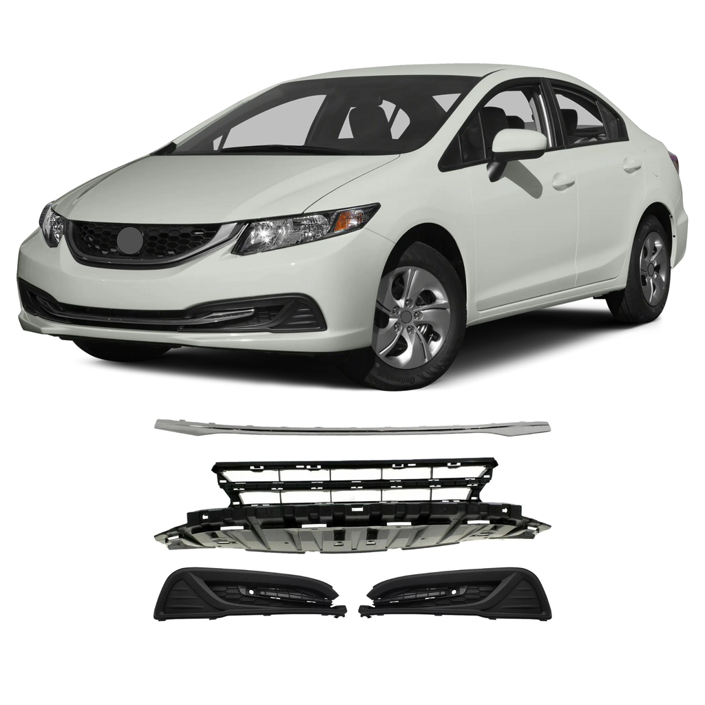 BUFEETERS  Front Bumper Grille + Molding Trim + Fog Light Covers Fit For 2013 2014 2015 Honda Civic Sedan,Factory Style,Chrome&Black