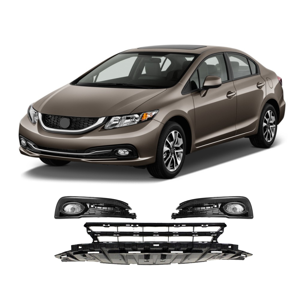 BUFEETERS  5PCS Front Lower Grille & Fog Light Assembly Fit For 2013 2014 2015 Honda Civic,Factory Style,Black