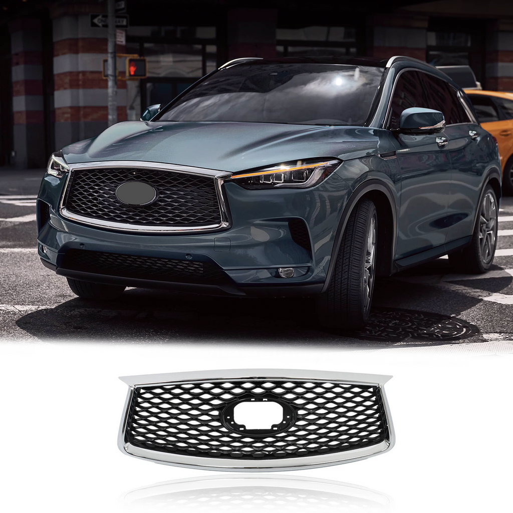 BUFEETERS  Front Bumper Upper Grille With Camera Hole Fit For 2019 2020 2021 2022 2023 INFINITI QX50,Mesh Style,Chrome&Black