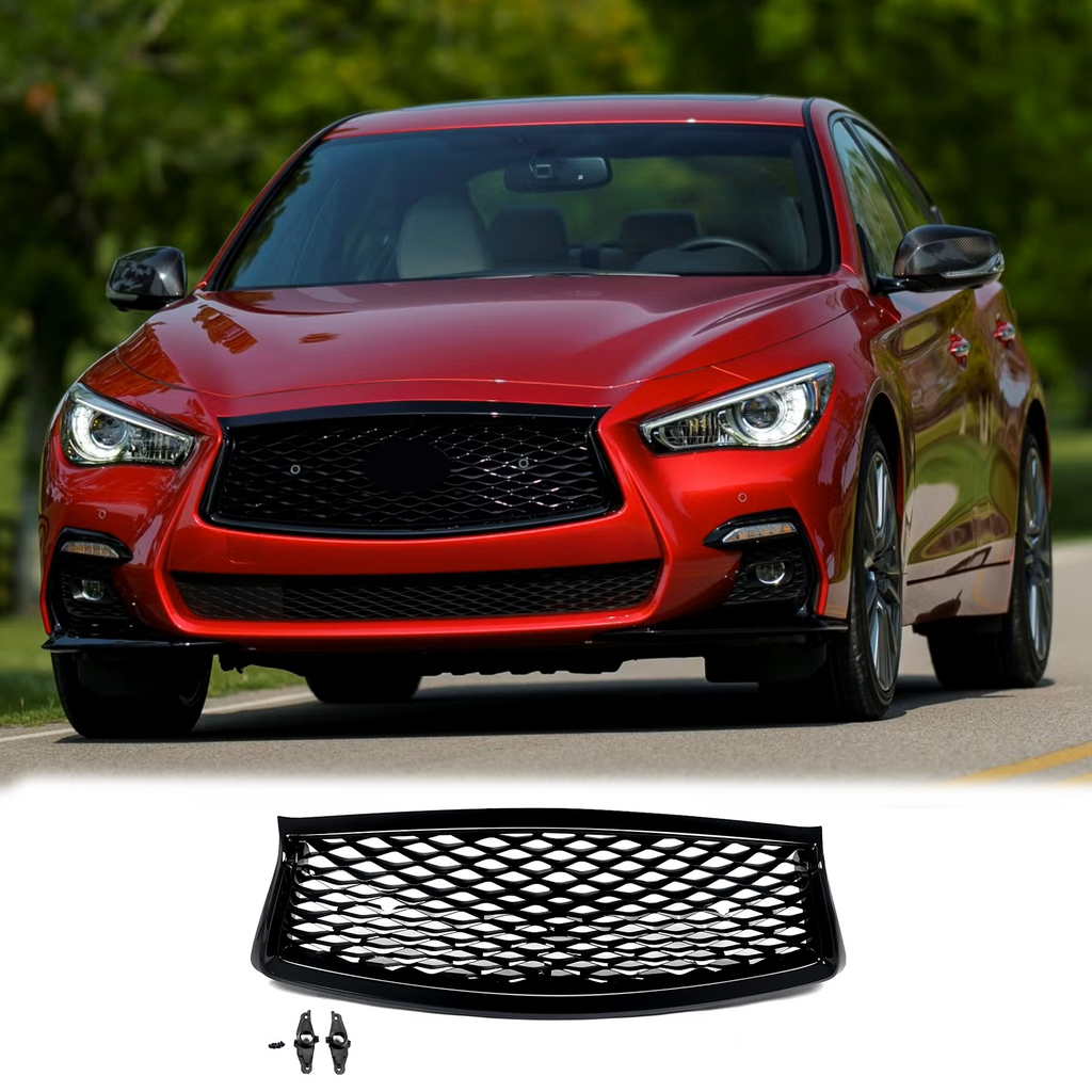 BUFEETERS   Front Bumper Upper Grille Fit For 2018 2019 2020 2021 2022 INFINITI Q50 Q50S W/Sensor Holes,Honeycomb Style,Gloss Black