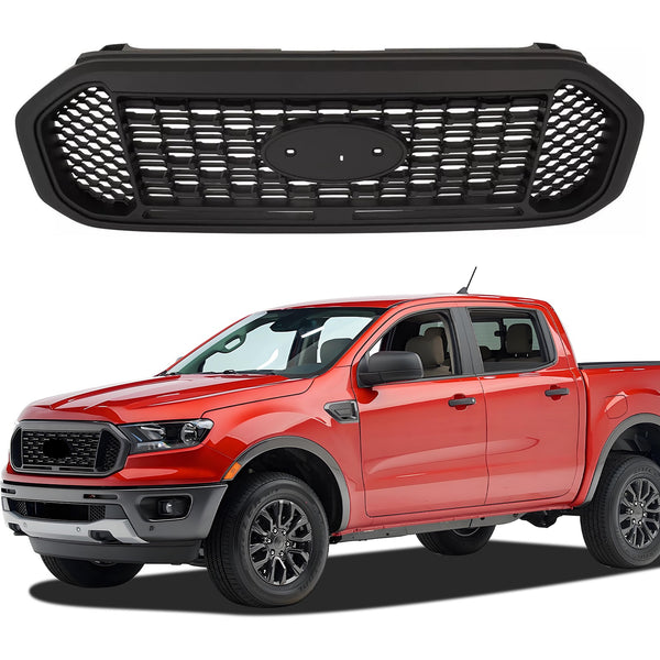 Matte Black Front Grill Compatible with Ford Ranger 2019 2020 2021 2022 Models, W/O Emblem