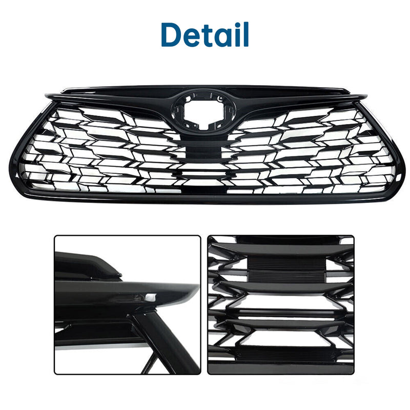 Front Upper Grille Grill NO Holes For 2020-22 Toyota Highlander Full Gloss Black