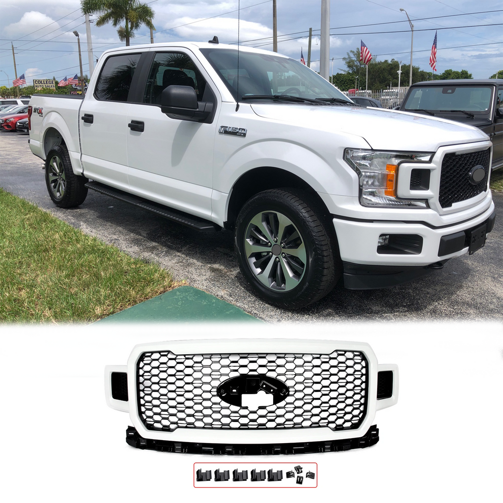 2018-2020 Ford F-150 front grille assembly in Oxford White and Gloss Black honeycomb finish