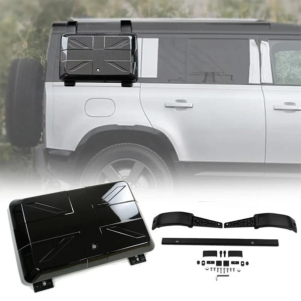 BUFEETERS Exterior Side Mounted Gear Box Carrier Luggage Fit For 2020 2021 2022 2023 2024 Land Rover Defender 90 110 130,Black with UK Flag Logo